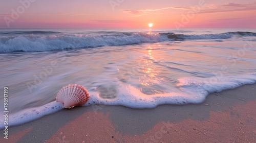 A serene and tranquil scene of a pastel-colored beach sunset, with soft waves gently lapping against the shore and a lone seashell resting on the sand, evoking a sense of peace and relaxation.