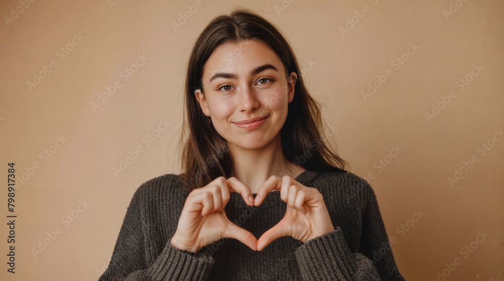 Young smiling woman making heart with her hands on beige background. Hands in shape of love heart. Peace and love concept. Sign of love, harmony, gratitude, charity Young smiling woman making heart with her hands on beige background. Hands in shape of love heart. Peace and love concept. Sign of love, harmony, gratitude, charity