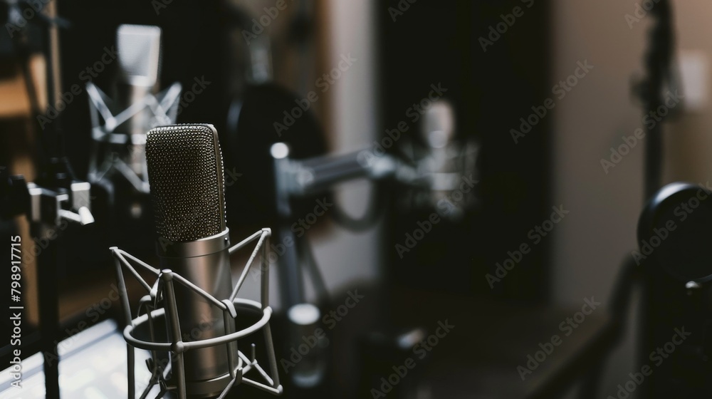 A podcast host recording with professional studio microphones, emphasizing quality audio production.