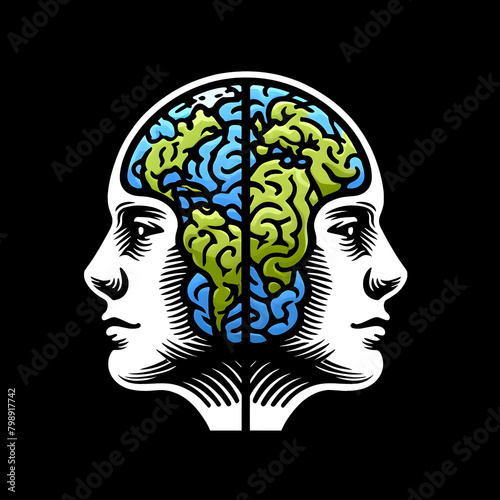 illustration of a split brain like earth with two profiles, symbolizing opposing worldviews
