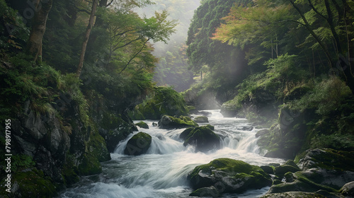 A gentle stream babbles through a lush forest  flowing over rocks which create soothing sounds in a serene green landscape