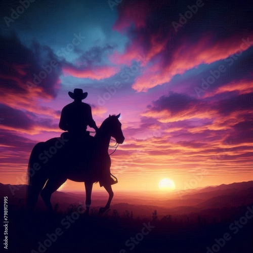 Cowboy Silhouette on Horseback at Sunset