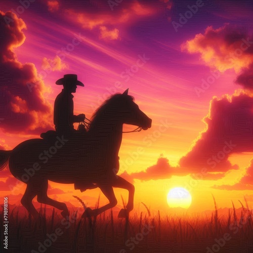 Silhouetted Cowboy on Horse at Fiery Sunset