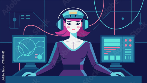 A woman in a futuristic laboratory dons a helmet with wires connecting to a computer her brainwaves translating into commands on the screen..