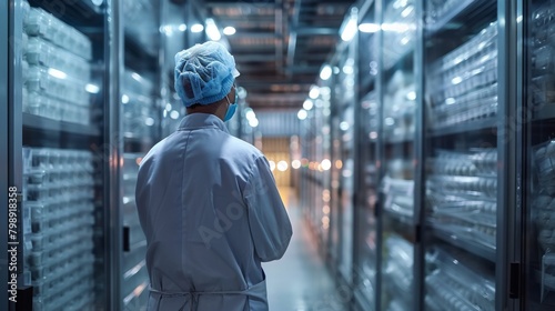 A technician monitoring temperature and humidity levels in a cold storage facility where frozen chicken products are stored before export, ensuring optimal preservation conditions. photo