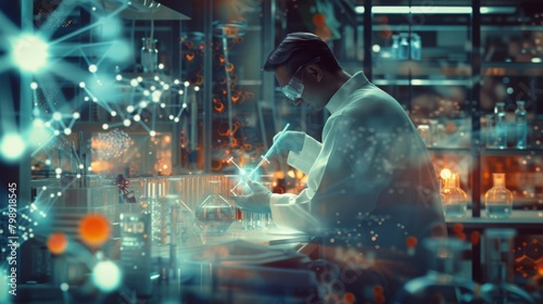 biochemist working on scientific research in a futuristic laboratory with icons of atoms with molecules, in the style of bokeh panorama, 