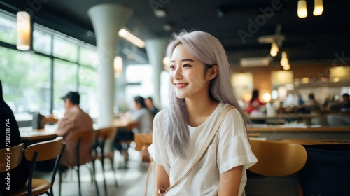 Portrait of girl in cafe. Pretty young asian woman sitting at table in coffee shop. Concept of youth, leisure and recreation. AI generated