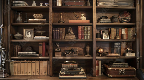 A built-in bookshelf filled with leather-bound classics and decorative trinkets.