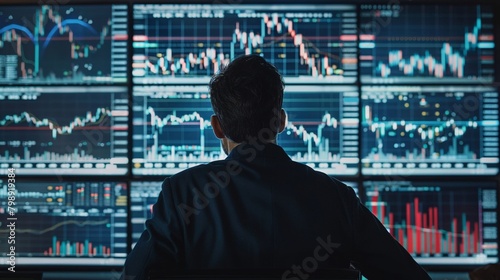A strategic view over a traders shoulder, focusing on a screen filled with candlestick charts, mapping the terrain of stock trading graphs