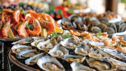 A seafood buffet table adorned with platters of grilled oysters, stuffed clams, and steamed mussels, tempting diners with their aroma.