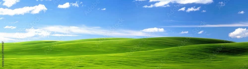 Super Ultrawide Background Photo Of Green Grass Hill And Blue Sky With Clouds