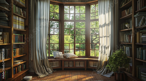 A cozy reading nook nestled by a bay window  with floor-to-ceiling curtains.