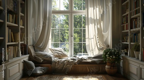 A cozy reading nook nestled by a bay window, with floor-to-ceiling curtains.