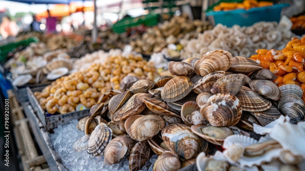 A seafood market stall piled high with fresh shellfish, including clams, oysters, and cockles, ready for sale.