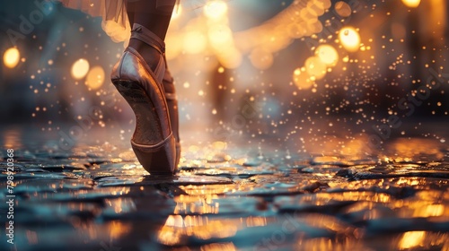 Ballet slippers on a moist cobblestone surface, under streaks of warm light, capture the essence of performance and elegance in motion. photo