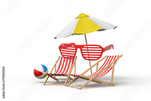 Deck chair and beach items on plain background