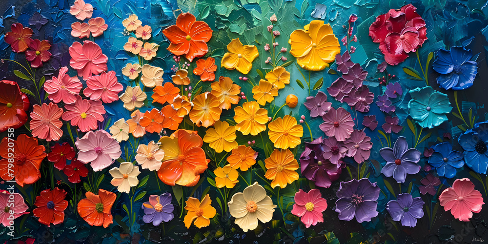 Flowers painting on blue background. Textured oil illustration. Summer floral. Flowers painting on blue background. Textured oil illustration. Summer floral.