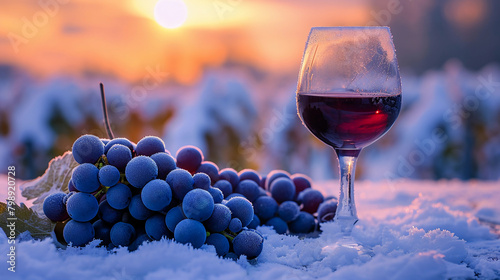 Glass of red wine on snow in winter and ripe bunch of grapes in sunset light