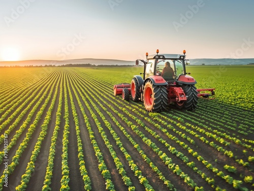 A tractor is driving through a field of green plants. The tractor is red and black