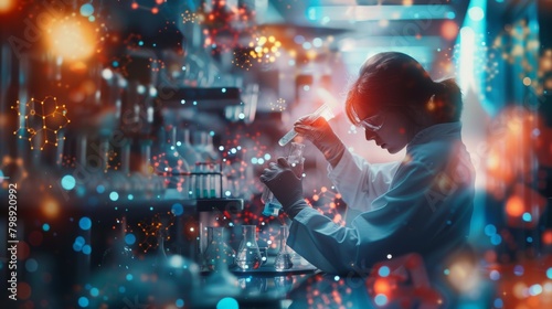 a chemist working on scientific research in a futuristic laboratory with icons of atoms with molecules and chemical element names, symbols, in the style of bokeh panorama 