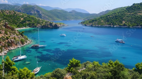 A serene bay dotted with sailing yachts and anchored boats, surrounded by emerald hillsides and pristine beaches.