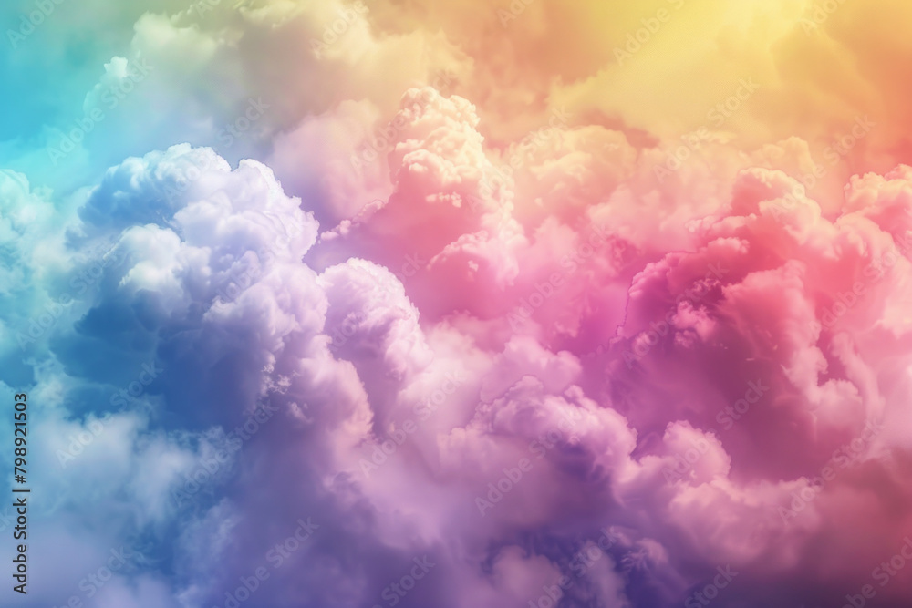 Fluffy clouds in a rainbow spectrum of colors, featuring soft gradients and dreamy shapes. Rainbow cloud textures offer a whimsical and magical backdrop Fluffy clouds in a rainbow spectrum of colors, featuring soft gradients and dreamy shapes. Rainbow cloud textures offer a whimsical and magical backdrop
