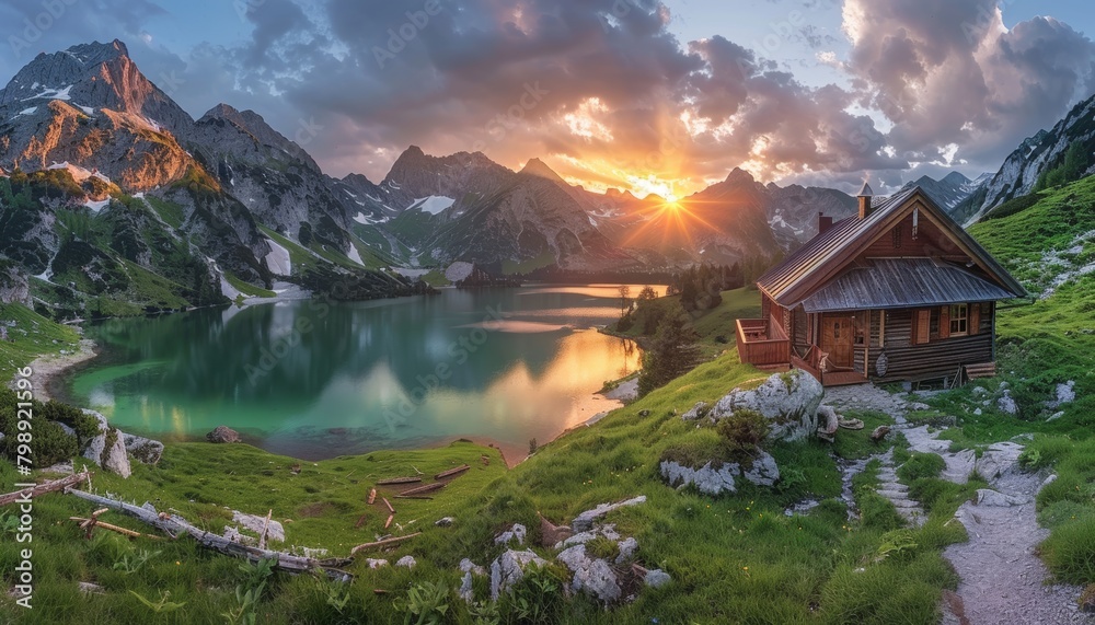 Fototapeta premium Breathtaking sunset at zittauerhuette refuge, gerlossee lake, pinzgau, salzburg, austria, europe