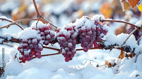 Ripe grapes covered by snow growing in vineyard in winter