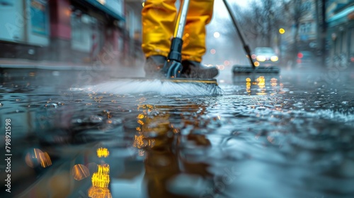Person Standing on Wet Surface With Mop photo