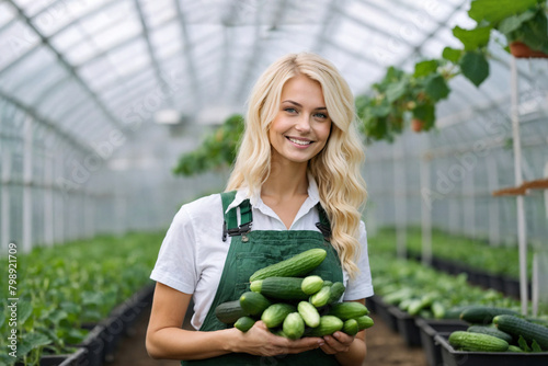 A beautiful girl, a worker in a special jumpsuit in a large greenhouse for growing cucumbers.