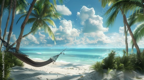 A serene beach scene with palm trees and clear blue water, featuring a hammock swaying gently in the breeze.