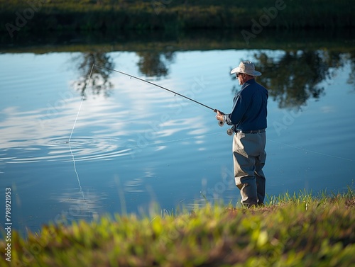 A man is fishing in a lake with a hat on. The water is calm and the sky is clear