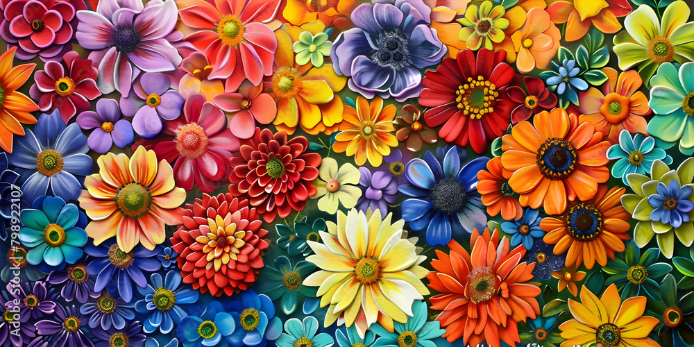 Colorful flower painting with various blooms. Textured oil illustration. Summer floral.
