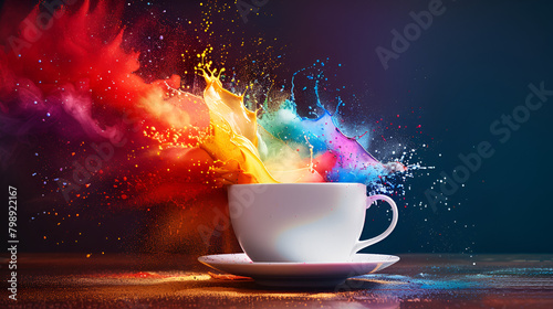 Rainbow explosion in the coffee cup, generative ai © Neelam