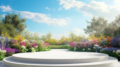 Podium mockup, Spring Flower Garden Podium Background, 3rd Render photo