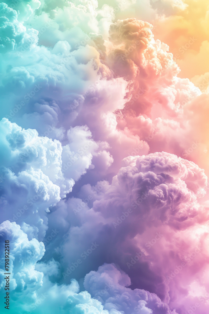Fluffy clouds in a rainbow spectrum of colors, featuring soft gradients and dreamy shapes. Rainbow cloud textures offer a whimsical and magical backdrop