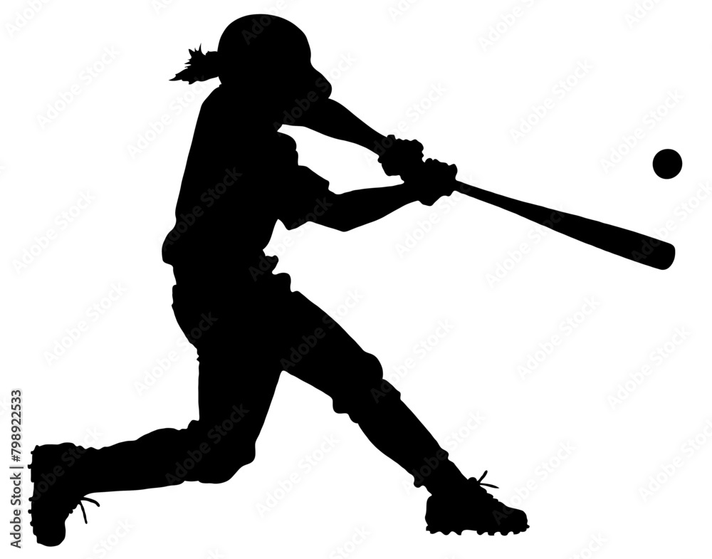 Detailed Sport Silhouette - Woman or Female Baseball Batter Swinging at Ball Detailed Sport Silhouette - Woman or Female Baseball Batter Swinging at Ball