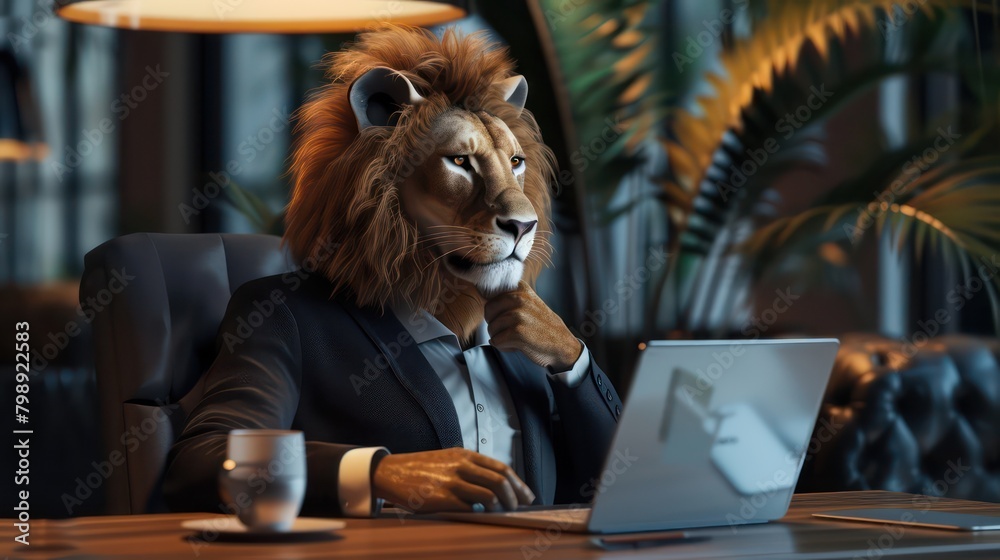 Portrait of a businessman with lion head working in the office background,Intelligent Lion Browsing the Web Intently: A Majestic Beasts Digital Exploration Banner,Funny lion in office we. Generated AI Portrait of a businessman with lion head working in the office background,Intelligent Lion Browsing the Web Intently: A Majestic Beasts Digital Exploration Banner,Funny lion in office we. Generated AI