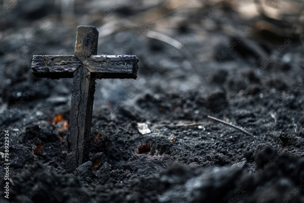 Christian cross and ash as symbol of religion, sacrifice, redemption of Jesus Christ. Ash Wednesday concept Christian cross and ash as symbol of religion, sacrifice, redemption of Jesus Christ. Ash Wednesday concept