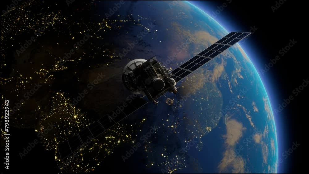 Artificial Satellite Of The Earth. A Satellite Flying In Space Over The Globe