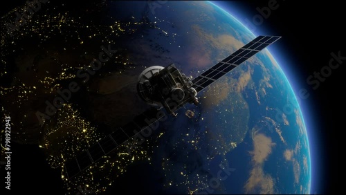 Artificial Satellite Of The Earth. A Satellite Flying In Space Over The Globe