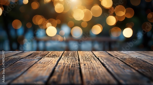 Image of wooden table in front of abstract blurred restaurant lights background,Empty Wooden Table Against Stunning Bokeh Background,A rustic wooden table glows with the warm light. Generated AI