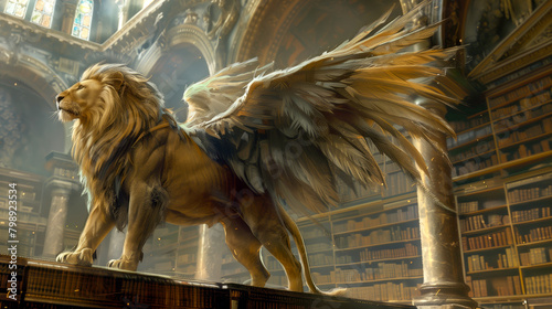 A winged lion guards an ancient library of spells photo