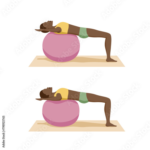 Woman is performing a chest exercise on a fit ball. The movement involves pressing down on the ball with her forearms. Beneficial for relieving kyphotic lordotic back posture.