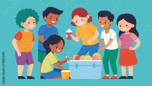 A group of cousins gathered around a cooler eagerly discussing their plans to make homemade ice cream later in the day.. Vector illustration