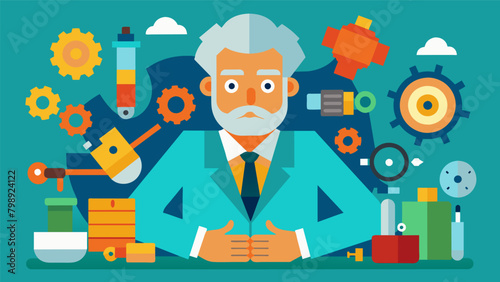 An inventor surrounded by piles of parts and tools deep in concentration as they piece together their latest creation.. Vector illustration