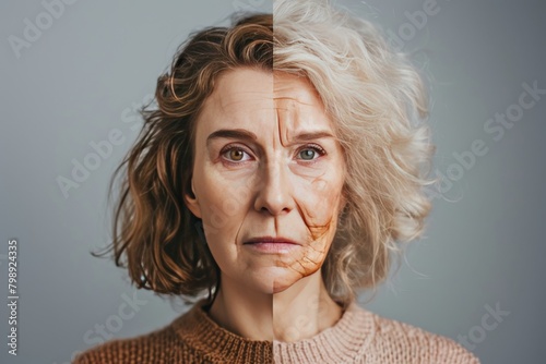 Women's skincare solutions that combine genetics with traditional methods provide effective rejuvenation and visual contrast in life stage portraits.