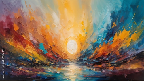 Abstract sunshine Oil Painting Palette Knife Technique, sunrise concept bacnkground