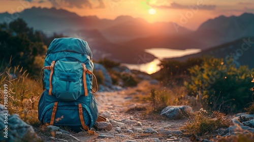 Traveler’s azure pack paused on a dusky trail, framed by the soft glow of sunset and the stillness of nature’s path photo