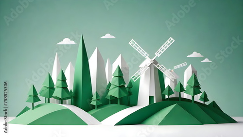 Paper-Cut Style Eco-Friendly City with Windmill, Beautiful Design